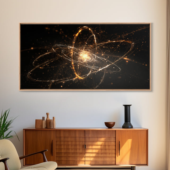 Golden Atomic Orbit Wall Art, Modern Abstract Space Poster, Cosmic Particle Artwork, Black Gold Home Office Decor Print Gift