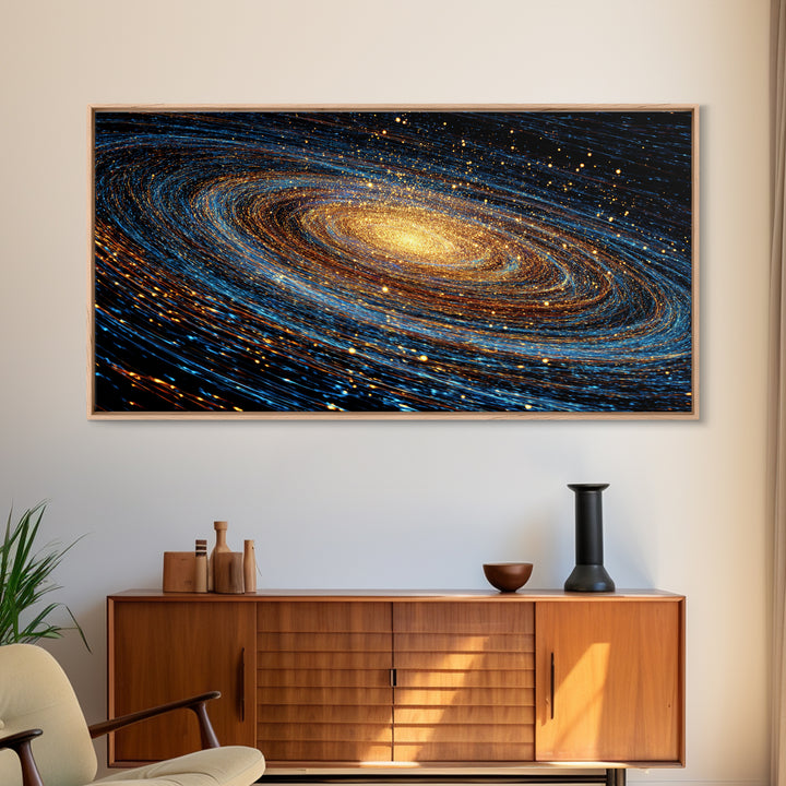 Blue Gold Spiral Galaxy Framed Canvas Print, Cosmic Space Wall Art, Modern Abstract Poster, Large Sci Fi Decor For Living Room