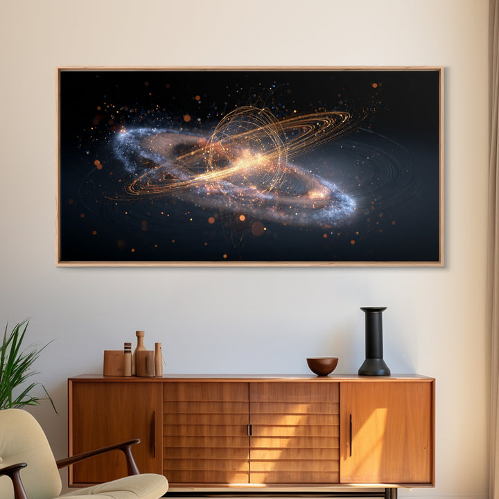 Golden Cosmic Galaxy Wall Art, Saturn Ring Space Abstract Poster, Modern Sci Fi Decor, Large Canvas Print For Home Office