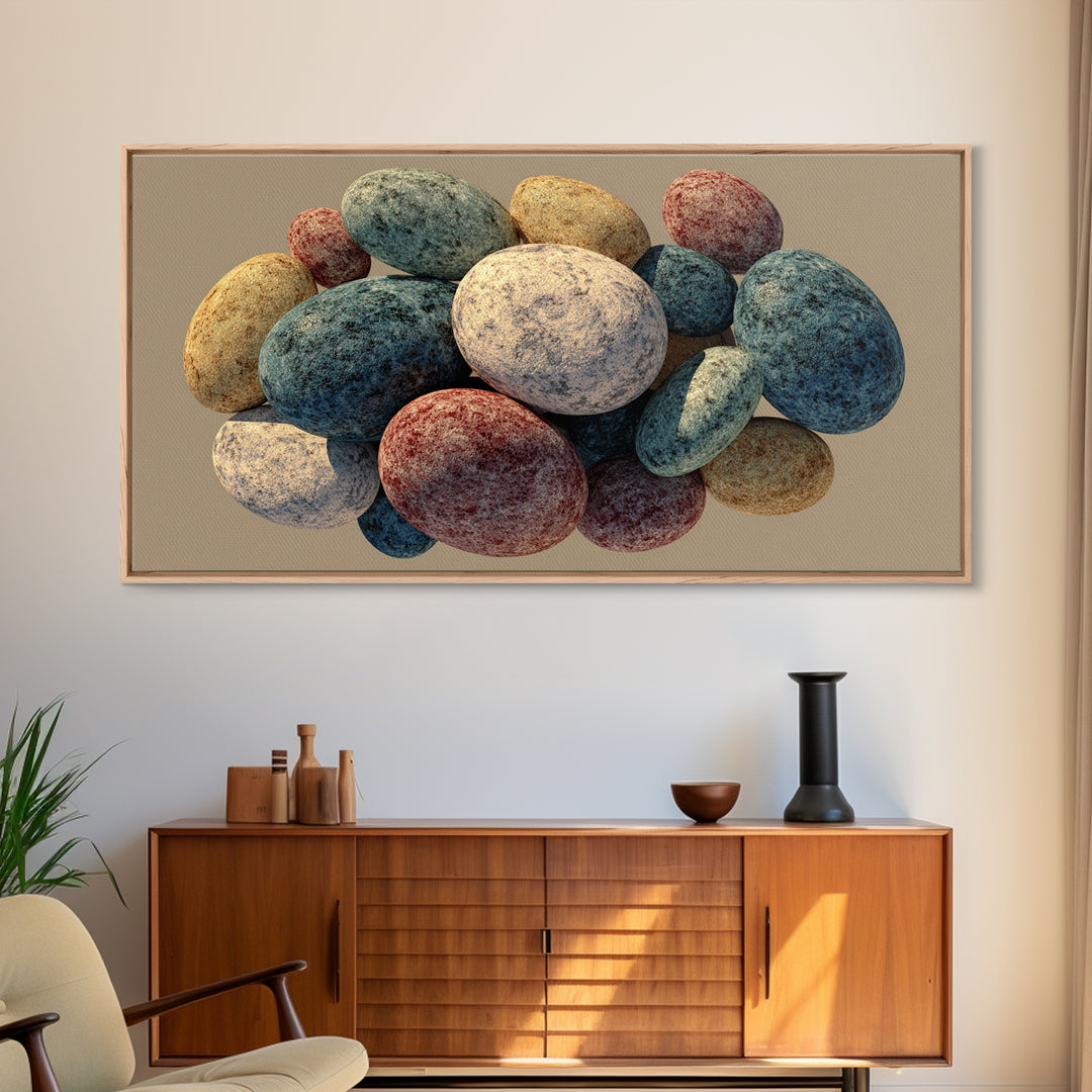 Speckled Egg And Stone Still Life Canvas Print, Earth Tone Organic Shapes, Modern Home Decor, Kitchen Art, Neutral Wall Decor