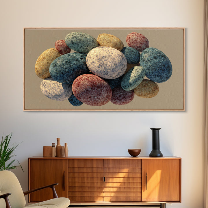 Speckled Egg And Stone Still Life Canvas Print, Earth Tone Organic Shapes, Modern Home Decor, Kitchen Art, Neutral Wall Decor