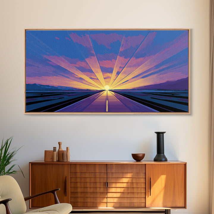 Radiant Road Sunset Canvas Print, Purple Blue Horizon Rays, Retro Travel Poster, Modern Wall Art, Midcentury Decor, Home Office Art