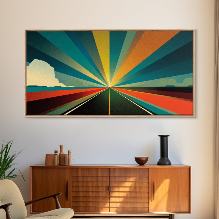 Retro Desert Highway Sunburst Wall Art, Teal Orange Perspective Landscape, Midcentury Modern Decor, Modern Art Print, MCM Wall Decor