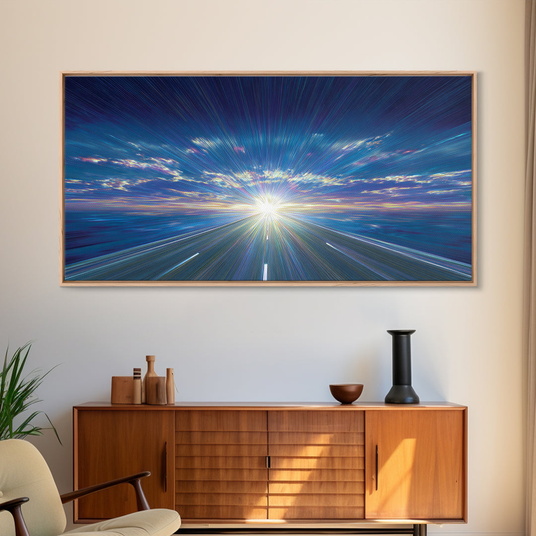 Blue Highway Light Burst Canvas Print, Radiant Horizon Road, Modern Abstract Art, Retro Wall Art, Home Office Decor, Large Prints