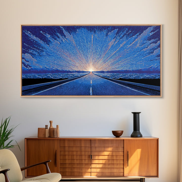 Icy Blue Road Sunrise Wall Art, Winter Horizon Light Burst, Modern Digital Art, Retro Poster, Statement Wall Decor, Home Office Art