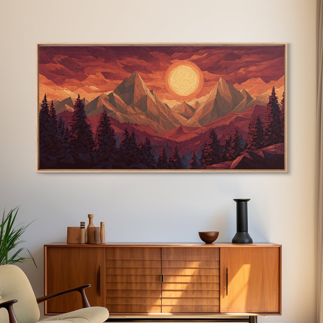 Orange Sun Mountain Forest Framed Canvas Print, Retro Landscape Poster, Midcentury Wall Art, Rustic Cabin Decor, Living Room Art