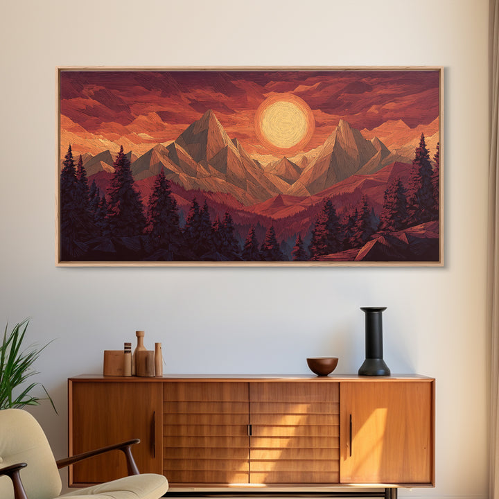 Orange Sun Mountain Forest Framed Canvas Print, Retro Landscape Poster, Midcentury Wall Art, Rustic Cabin Decor, Living Room Art