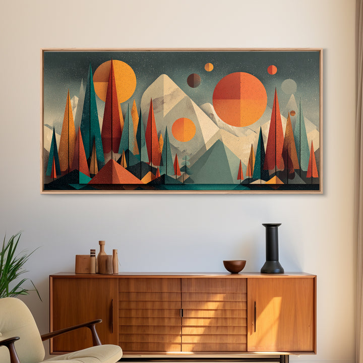 Geometric Mountain Forest With Suns Wall Art, Midcentury Modern Art, Abstract Landscape Print, Retro MCM Home Decor, Large Canvas Print