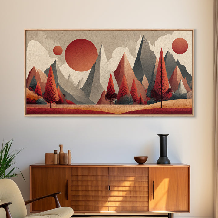 Red Pine Mountain Sunrise Wall Art, Midcentury Modern Abstract Landscape Print, Retro MCM Cabin Decor, Framed Canvas Print