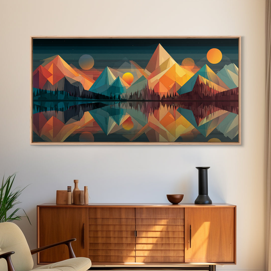 Colorful Geometric Mountain Lake Canvas Print, Midcentury Modern Wall Art, Abstract Landscape Poster, Retro MCM Cabin Home Decor