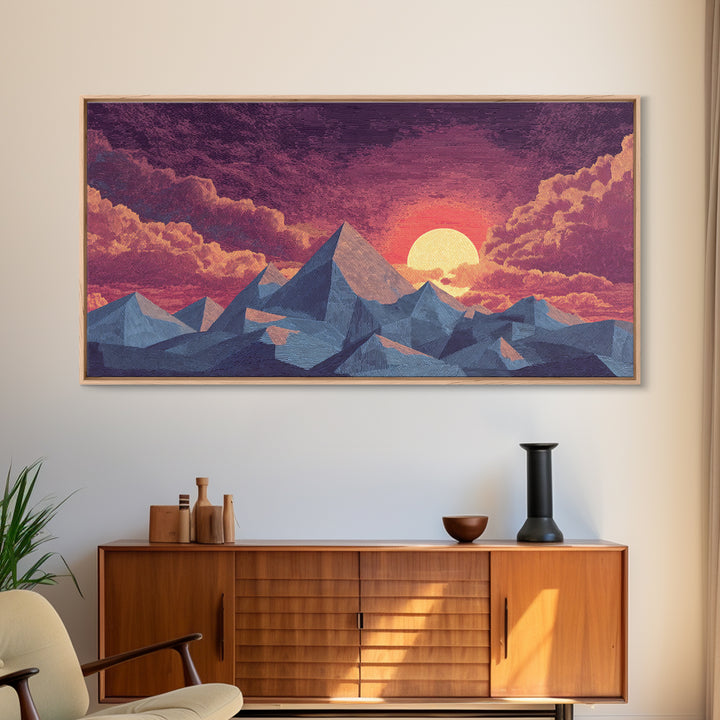 Textured Purple Mountain Sunset Wall Art, Retro Midcentury Modern Landscape Print, Scenic Bedroom Decor, Framed Canvas Print