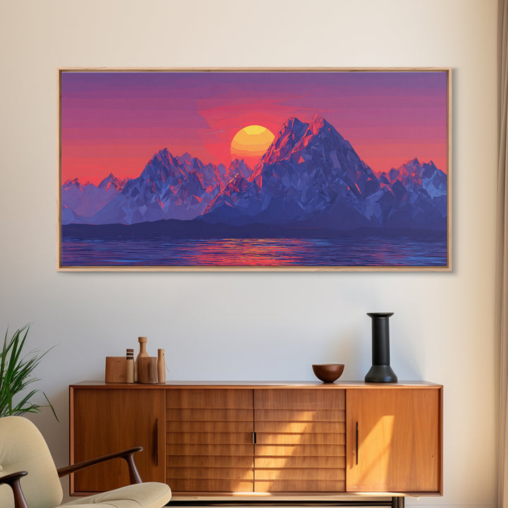 Alpine Mountain Lake Sunset Canvas Print, Blue Purple Landscape Wall Art, Modern Retro Poster, Bedroom Home Office Decor