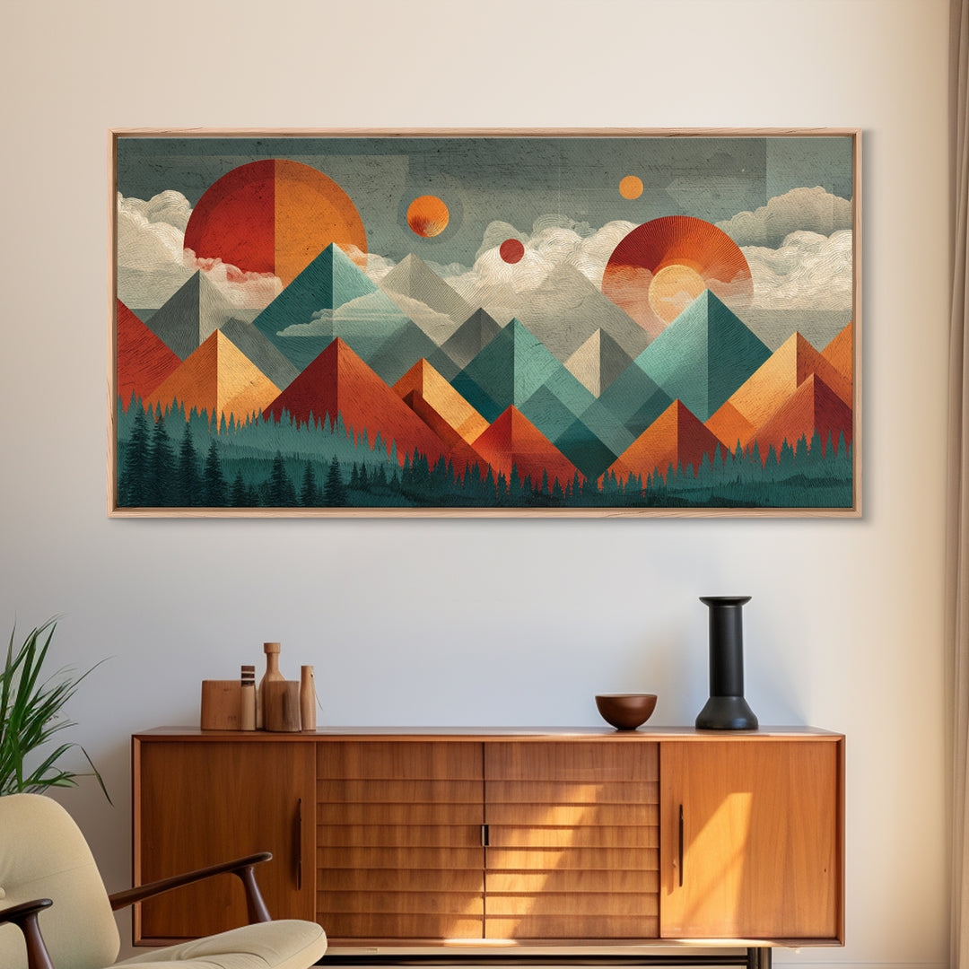 Orange Teal Geometric Mountain Suns Wall Art, Midcentury Modern Abstract Landscape Print, Retro MCM Home Decor, Canvas Print