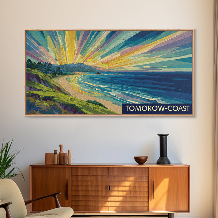Tomorrow Coast Radiant Beach Sunrise Wall Art, Retro Travel Poster, Coastal Landscape Print, Modern Home Decor, Canvas Print