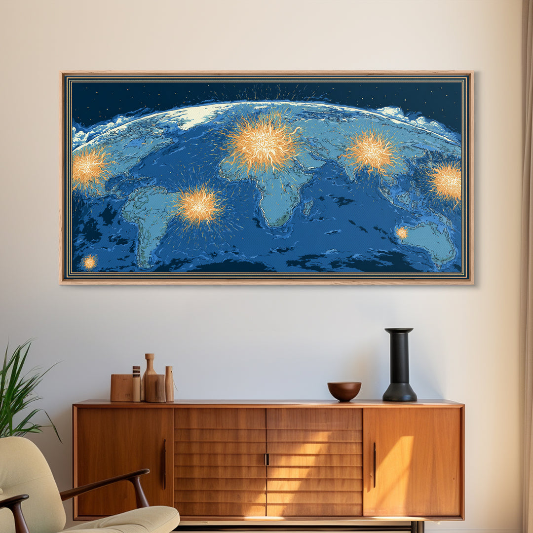 Blue World Map With Orange Network Bursts Wall Art, Modern Global Travel Print, Large Home Office Decor, Framed Canvas Print