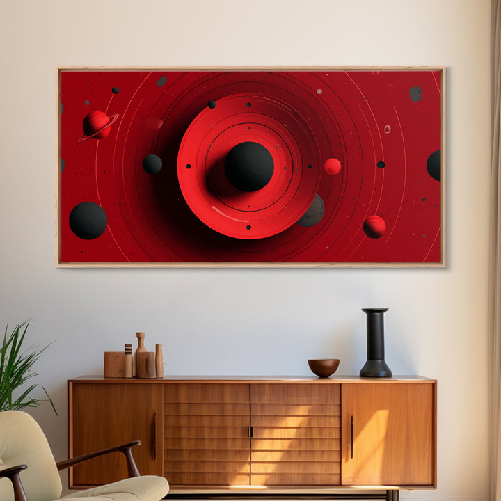 Red Black Planetary Rings Canvas Print, Midcentury Modern Cosmic Wall Art, Sci Fi Space Poster, Atomic Retro MCM Decor Art