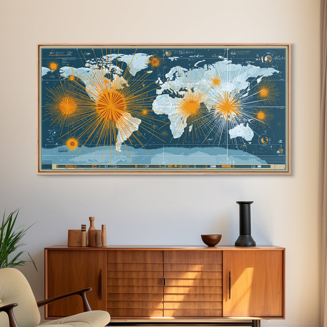 Detailed Blue World Map Network Canvas Print, Modern Office Wall Art, Global Travel Poster, Large Home Decor, Digital Art Print