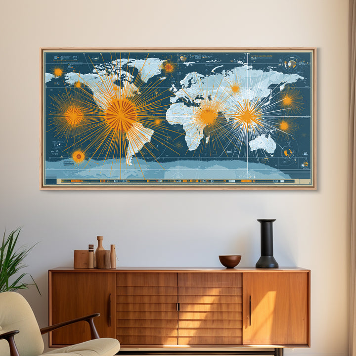 Detailed Blue World Map Network Canvas Print, Modern Office Wall Art, Global Travel Poster, Large Home Decor, Digital Art Print