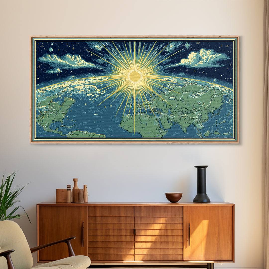 Radiant Sunrise World Map Wall Art, Celestial Earth Poster, Midcentury Modern Art Print, Starry Travel Decor For Living Room
