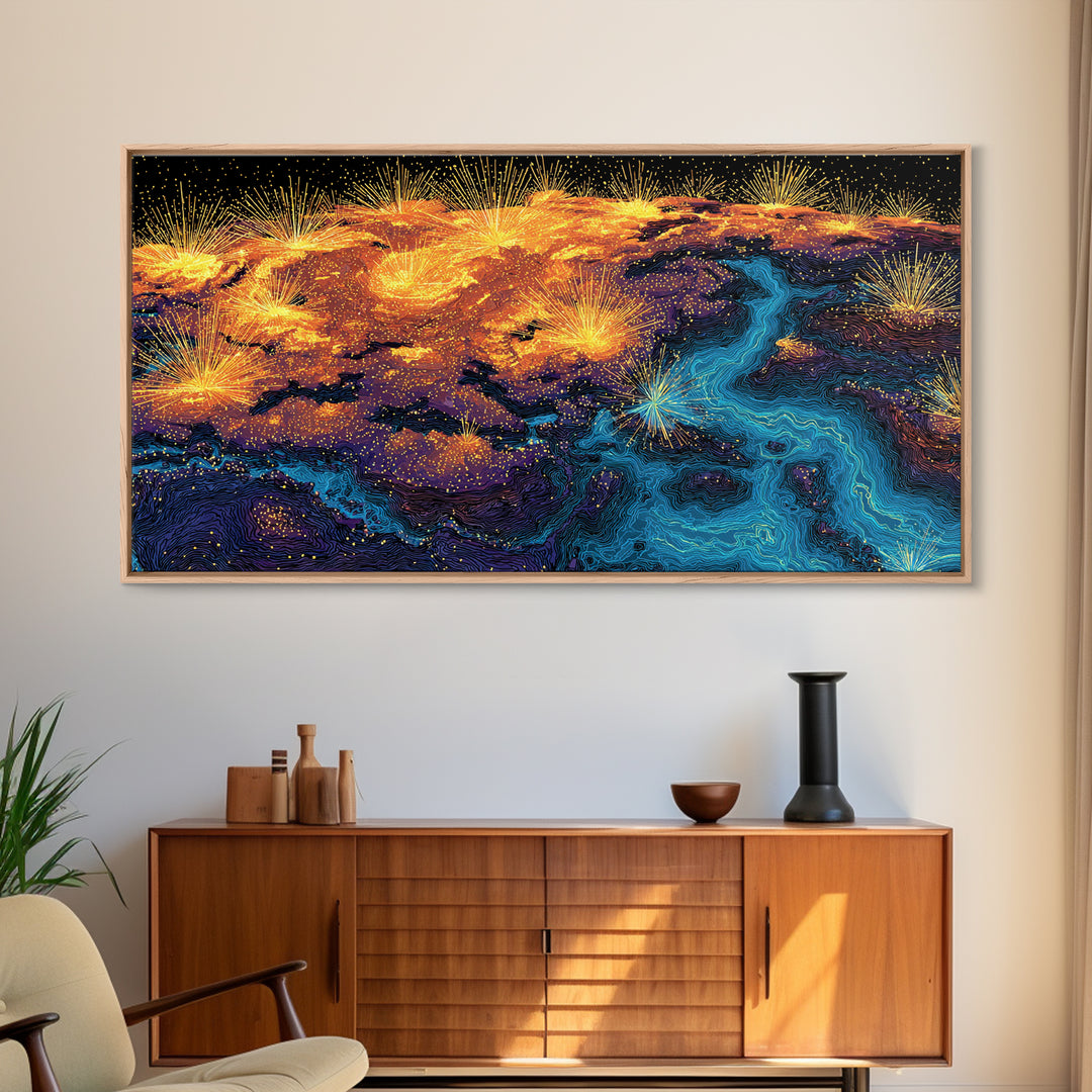 Glowing City Lights Earth Canvas Print, Abstract World Map Poster, Modern Wall Art Print, Orange Blue Travel Decor For Office