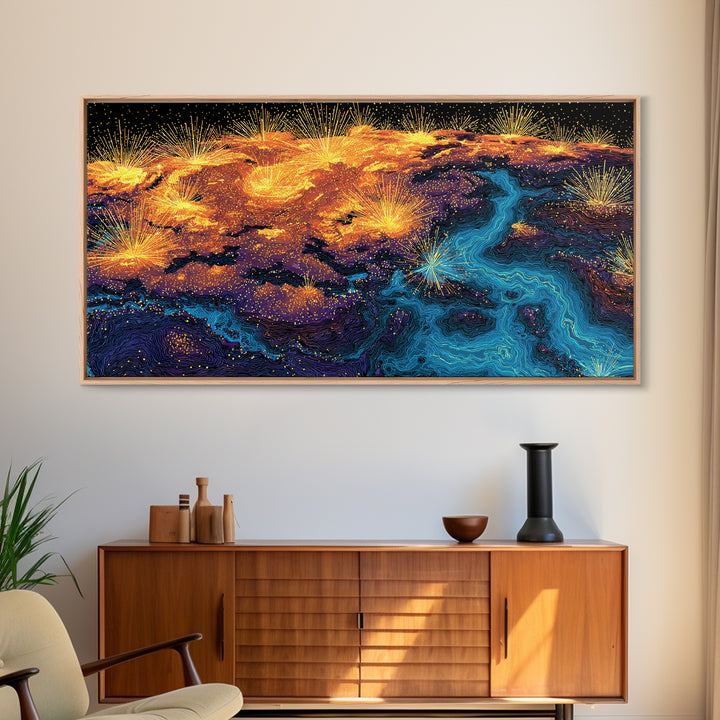 Glowing City Lights Earth Canvas Print, Abstract World Map Poster, Modern Wall Art Print, Orange Blue Travel Decor For Office