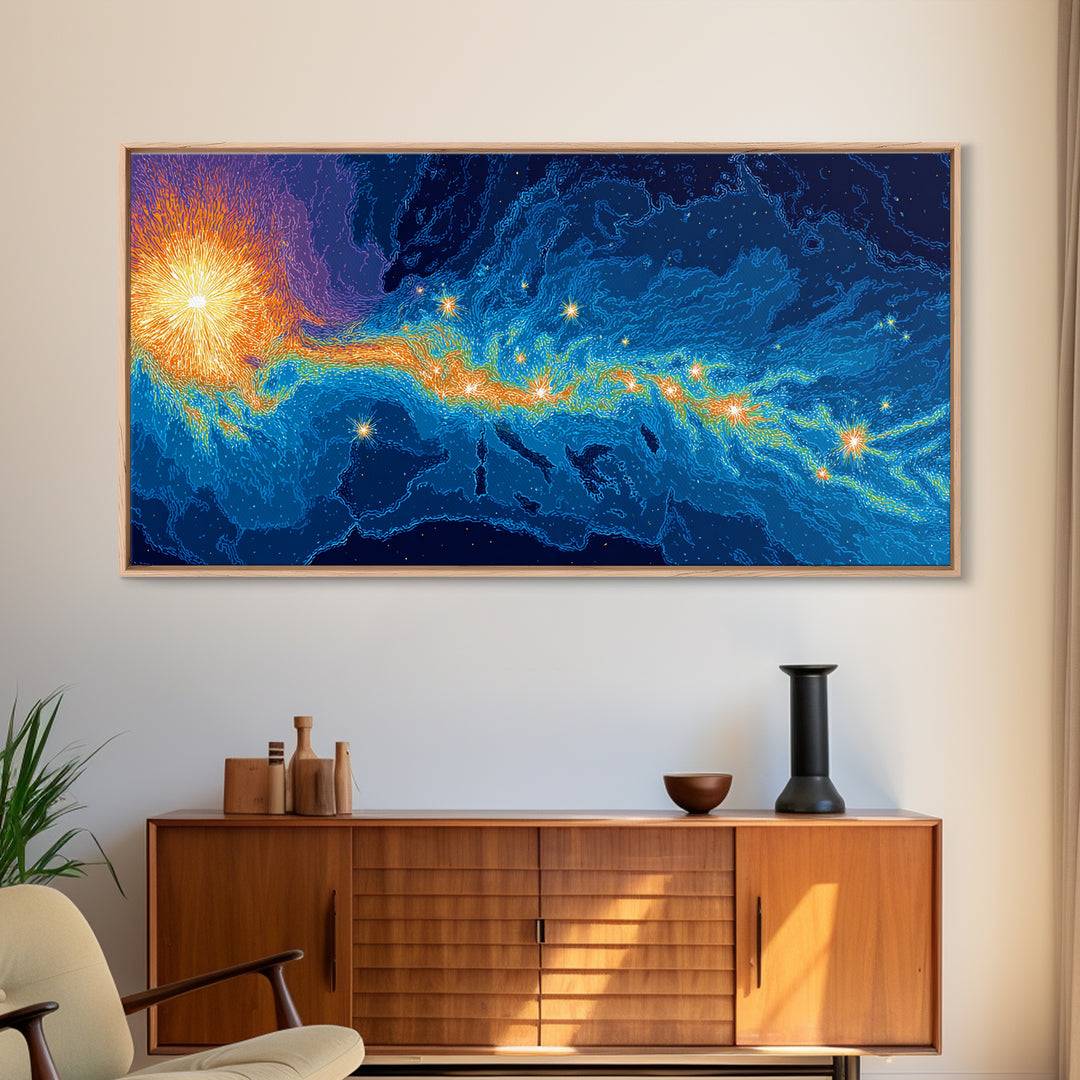 Cosmic Energy Map Wall Art, Blue Orange Abstract Poster, Modern Digital Art Print, Sci Fi Travel Decor For Bedroom And Office