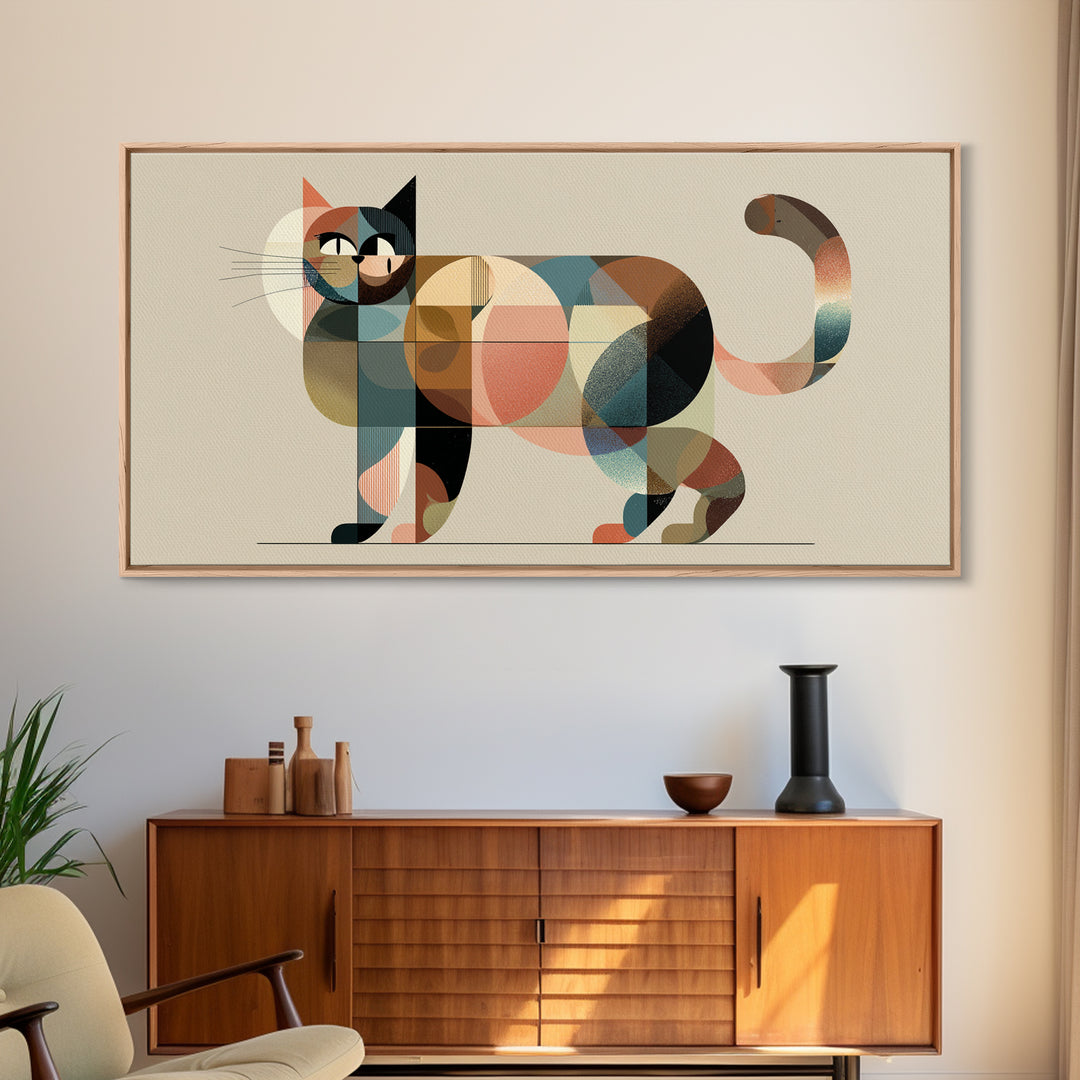 Muted Geometric Cat Wall Art, Midcentury Modern Feline Print, Scandinavian Modern Decor, Pastel Abstract Poster For Cat Lovers