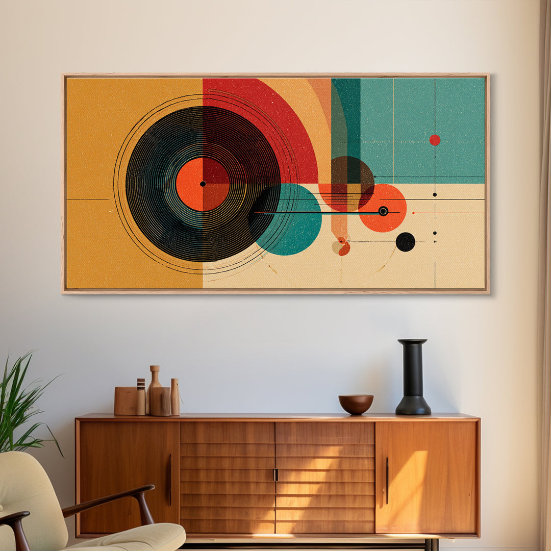 Retro Vinyl Record Wall Art, Midcentury Modern Music Poster, Abstract Geometric Art Print, Orange Teal Decor For Bar Cart