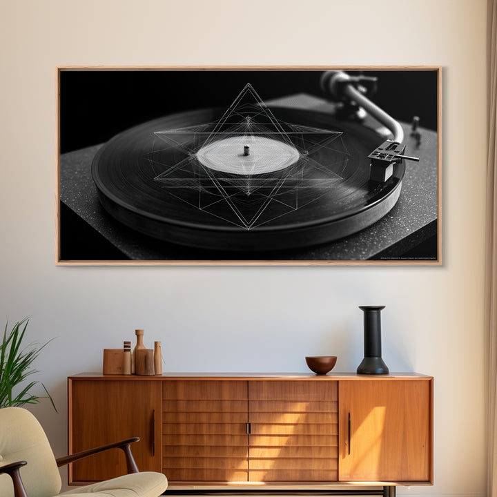 Black And White Turntable Canvas Print, Vinyl Record Wall Art, Modern Geometric Music Poster, Minimalist Decor For Home Office