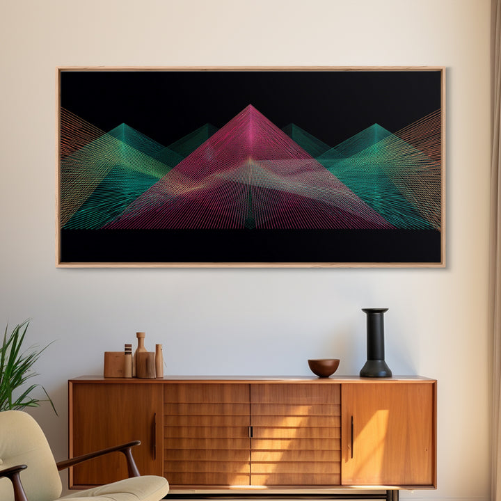 Neon Wireframe Pyramid Wall Art, Sci Fi Abstract Poster, Modern Digital Art Print, Black Retro Decor For Gaming Room Or Studio
