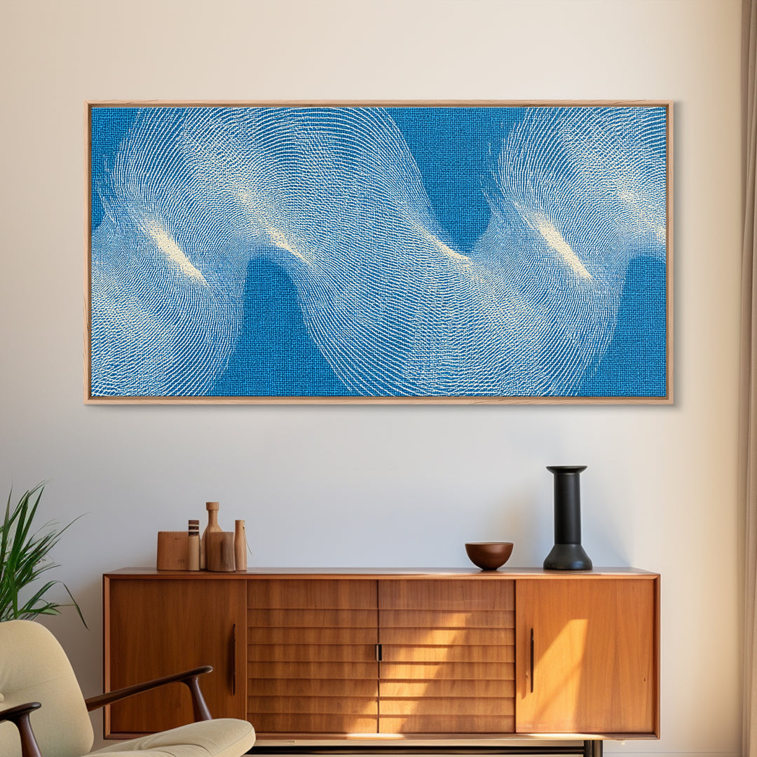 Blue Fingerprint Wave Framed Canvas Print, Abstract Modern Wall Art, Ocean Texture Poster, Coastal Decor For Bedroom And Office