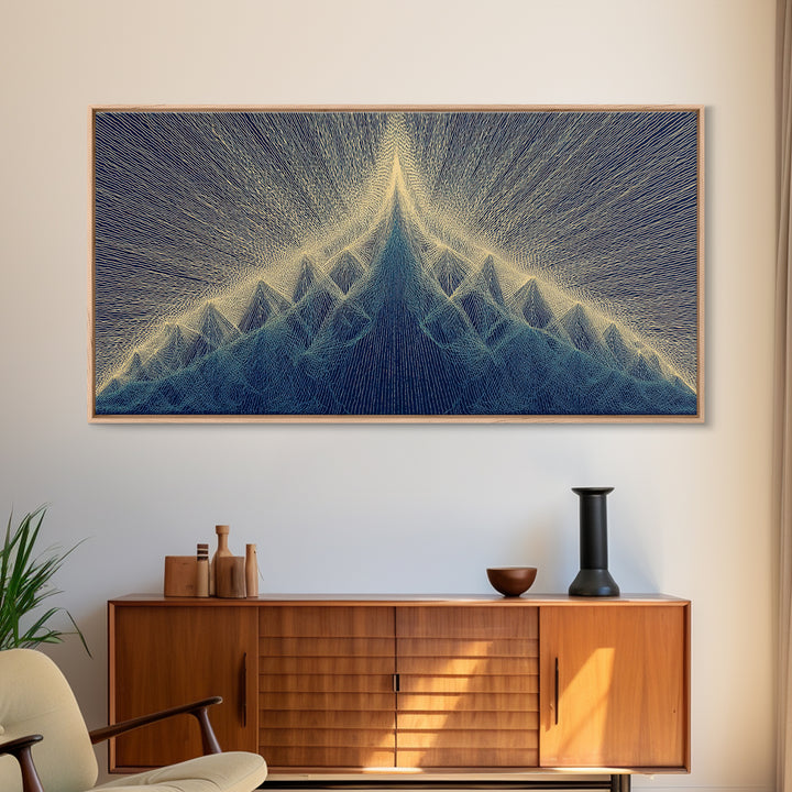 Navy Beige Mountain Sound Wave Canvas Print, Modern Abstract Art, Geometric Wall Art, Midcentury Decor For Home Office Decor