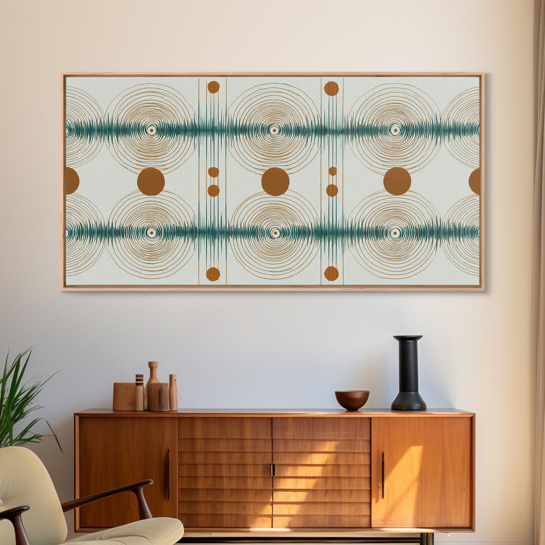 Teal Copper Atomic Sound Wave Framed Canvas Print, Midcentury Modern Art, Geometric Wall Art, Retro Home Office Decor Print