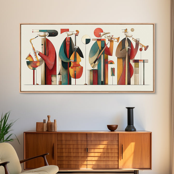 Abstract Geometric Jazz Musicians Canvas Print, Midcentury Modern Wall Art, Bauhaus Poster, Colorful Home Decor Gift Idea
