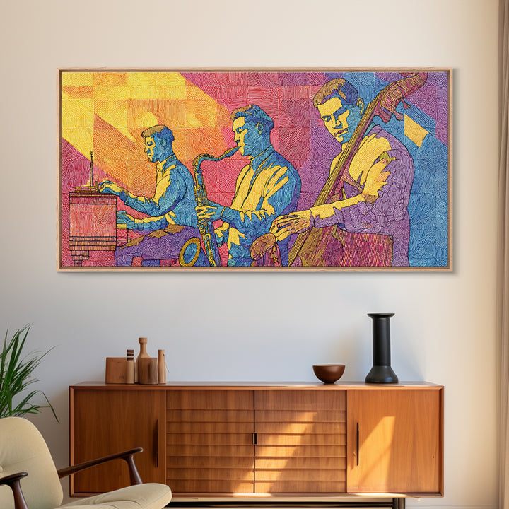 Bright Pop Art Jazz Trio Wall Art, Colorful Midcentury Modern Art Print, Saxophone Piano Bass, Studio Decor Poster Music Gift