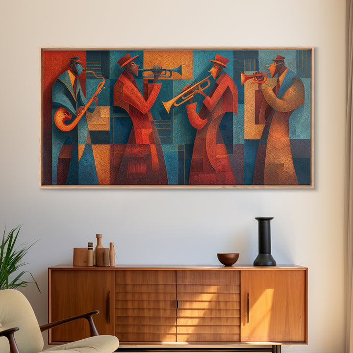 Red Teal Jazz Horn Ensemble Framed Canvas Print, Midcentury Modern Wall Art, Retro Music Poster, Masculine Decor Gift For Him