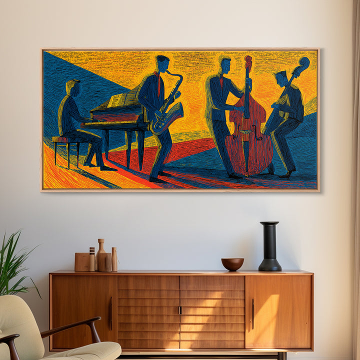 Yellow Blue Jazz Club Quartet Canvas Print, Midcentury Modern Art, Retro Wall Art, Sax Piano Bass Living Room Decor Poster