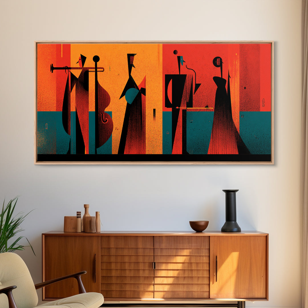 Orange Black Abstract Jazz Ensemble Wall Art, Midcentury Modern Poster, Atomic Art Print, Bold Geometric Home Decor For Musicians