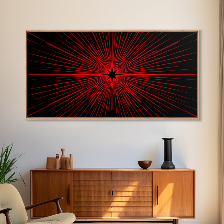 Red Starburst On Black Wall Art, Midcentury Modern Op Art Poster, Atomic Sunburst Canvas Print, Bold Geometric MCM Decor