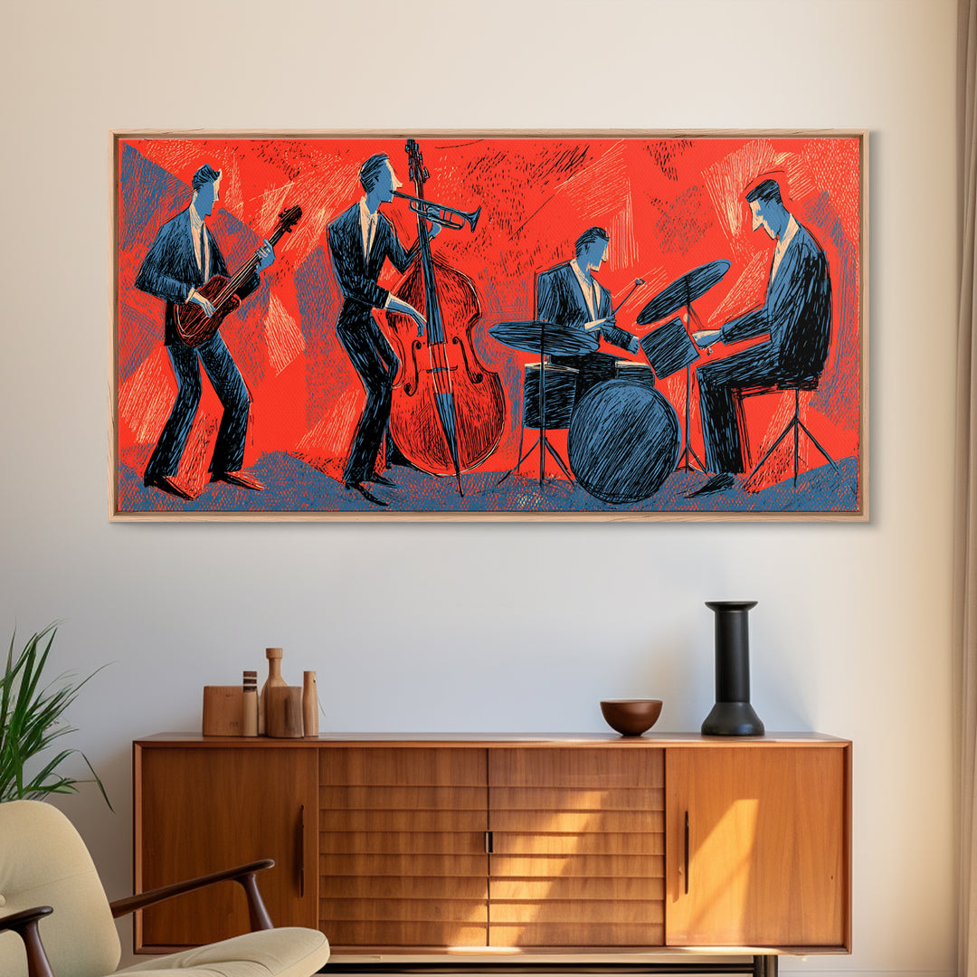 Red Blue Jazz Band Canvas Print, Midcentury Modern Wall Art, Abstract Music Poster, Living Room Decor Gift For Musicians