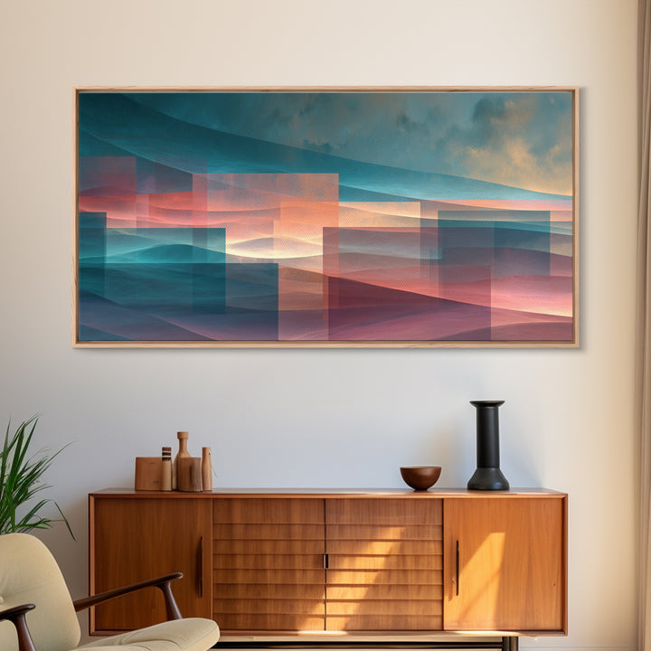 Layered Sunset Mountain Geometry Wall Art, Midcentury Modern Art Print, Teal Pink Landscape Decor, Abstract Home Office Art