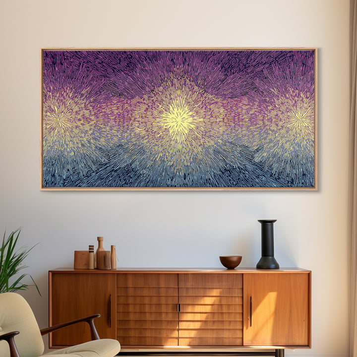 Purple Gold Radiant Burst Wall Art, Midcentury Modern Abstract Print, Spiritual Sun Decor, Funky Geometric Home Office Art