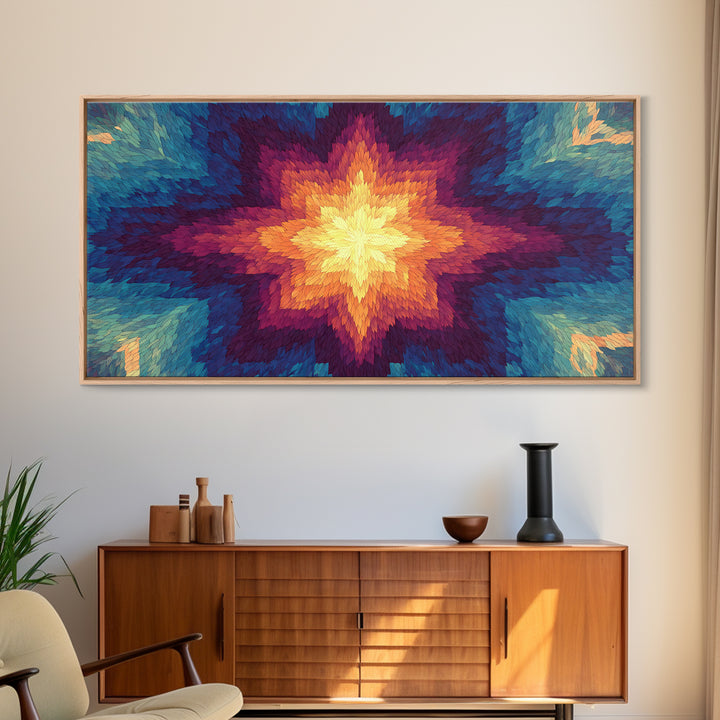 Rainbow Kaleidoscope Starburst Canvas Print, Colorful Midcentury Wall Art, Modern Abstract Art Print, Bold Geometric Decor