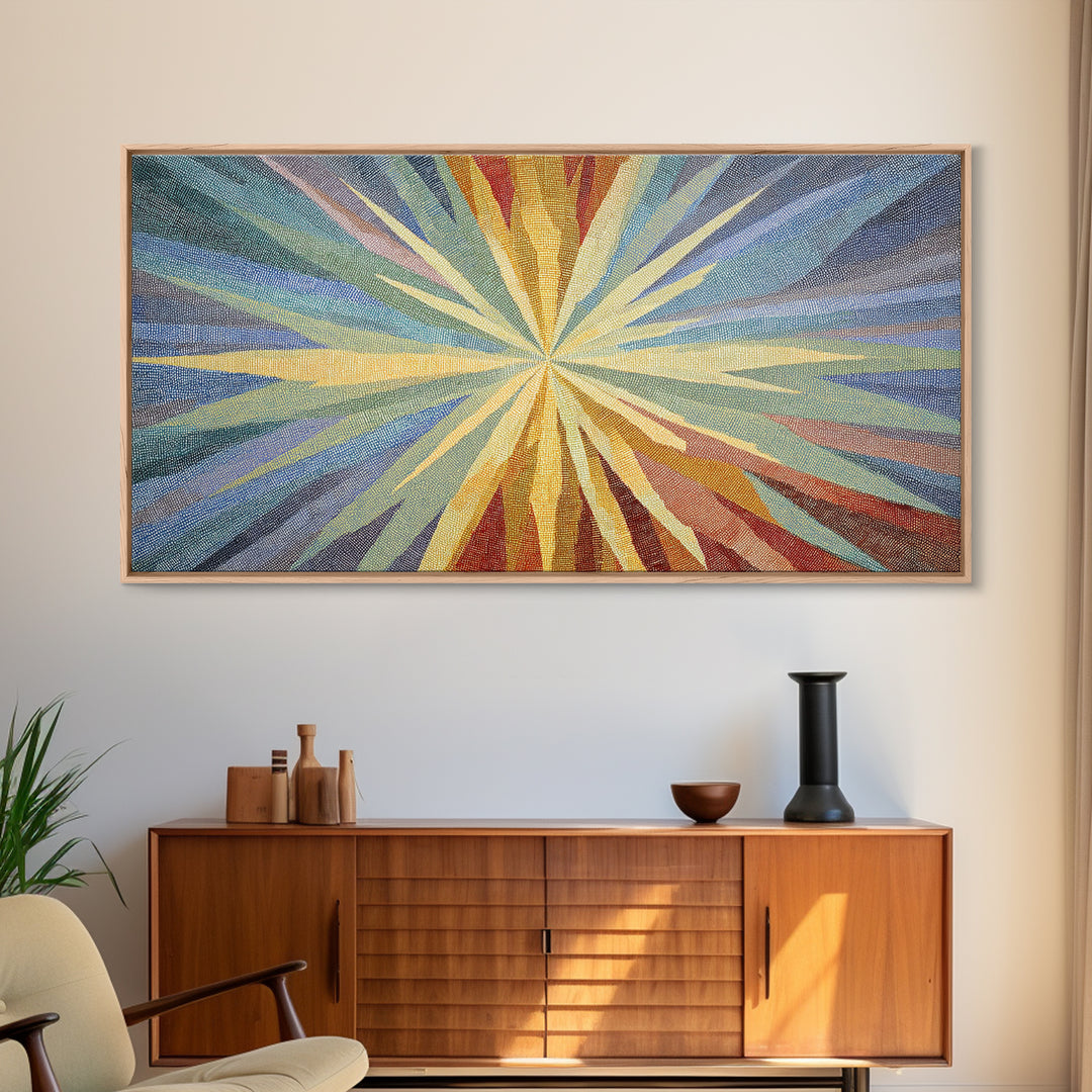 Woven Sunburst Rays Abstract Wall Art, Modern Geometric Art Print, Midcentury Canvas Decor, Blue Yellow Statement Piece Art
