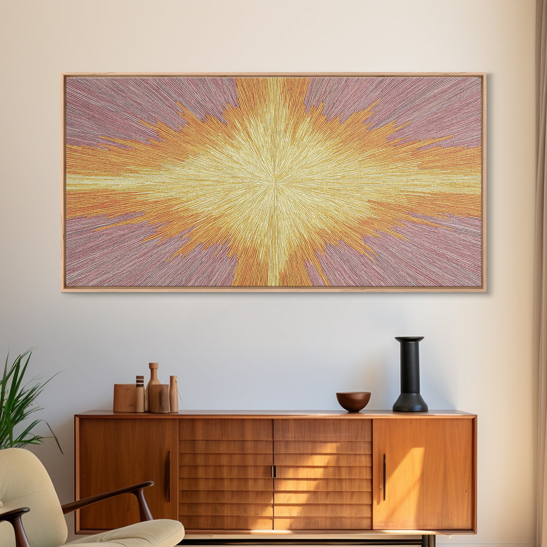 Golden Radiant Cross Starburst Framed Canvas Print, Spiritual Wall Art, Modern Christian Abstract Decor, Purple Yellow Art