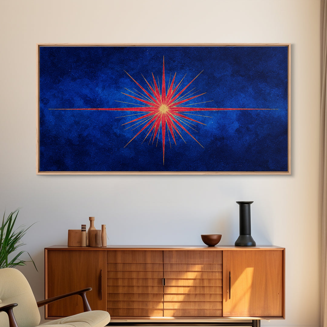Blue Gold Starburst Framed Canvas Print, Mid Century Modern Atomic Wall Art, Retro Sunburst Poster, Elegant MCM Wall Decor