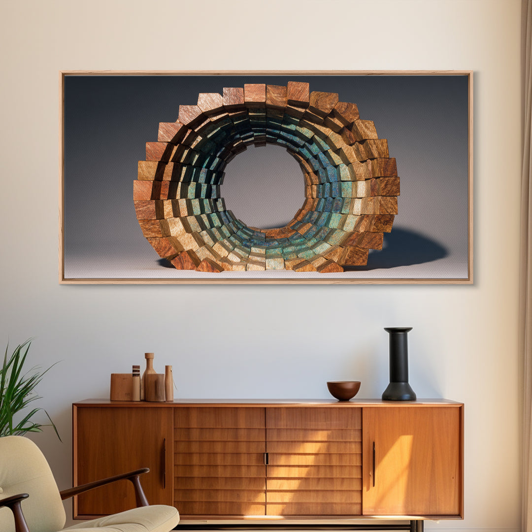 Copper Teal Oval Block Sculpture Wall Art, Midcentury Modern Geometric Abstract Print, Retro MCM Decor For Living Room Art