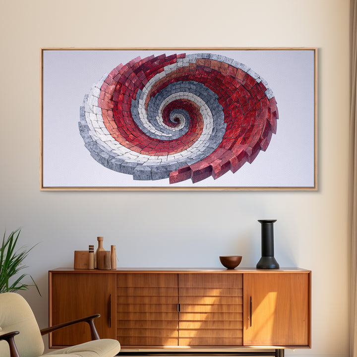 Red Gray Spiral Mosaic Wall Art, Midcentury Modern Abstract Geometric Print, Retro Op Art Decor For Office And Living Room