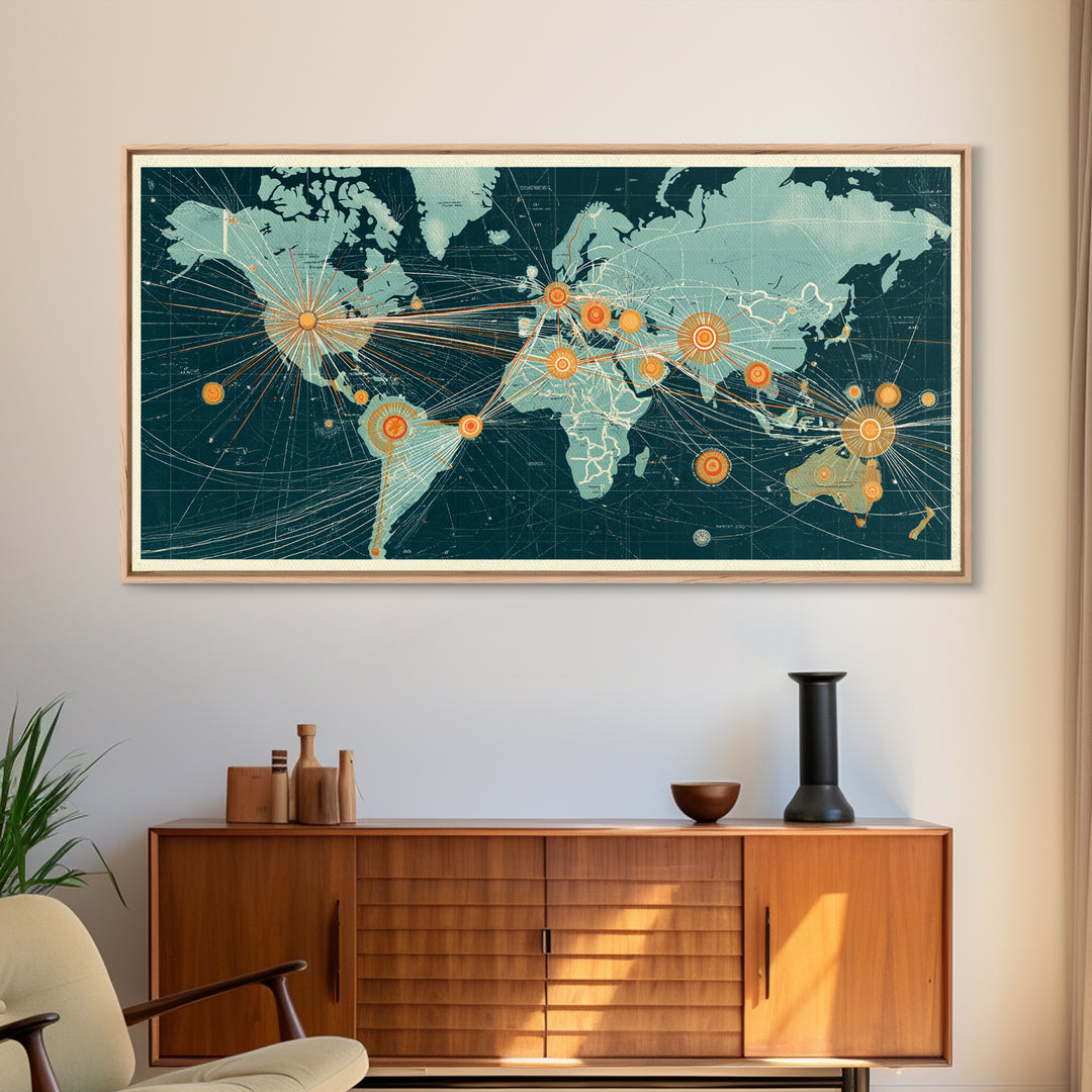 Teal Orange World Map Wall Art, Midcentury Modern Travel Print, Global Network Poster For Office Decor And Living Room Decor
