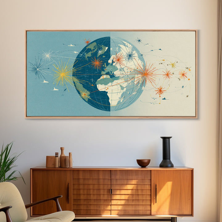 Split Globe Network Wall Art, Midcentury Modern Travel Print, Retro World Map Poster With Starbursts For Home Office Decor